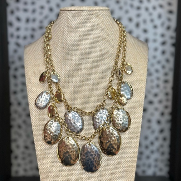 Double Layer Mixed Metals Gold Silver Medallion Adjustable Statement Necklace - Picture 1 of 4
